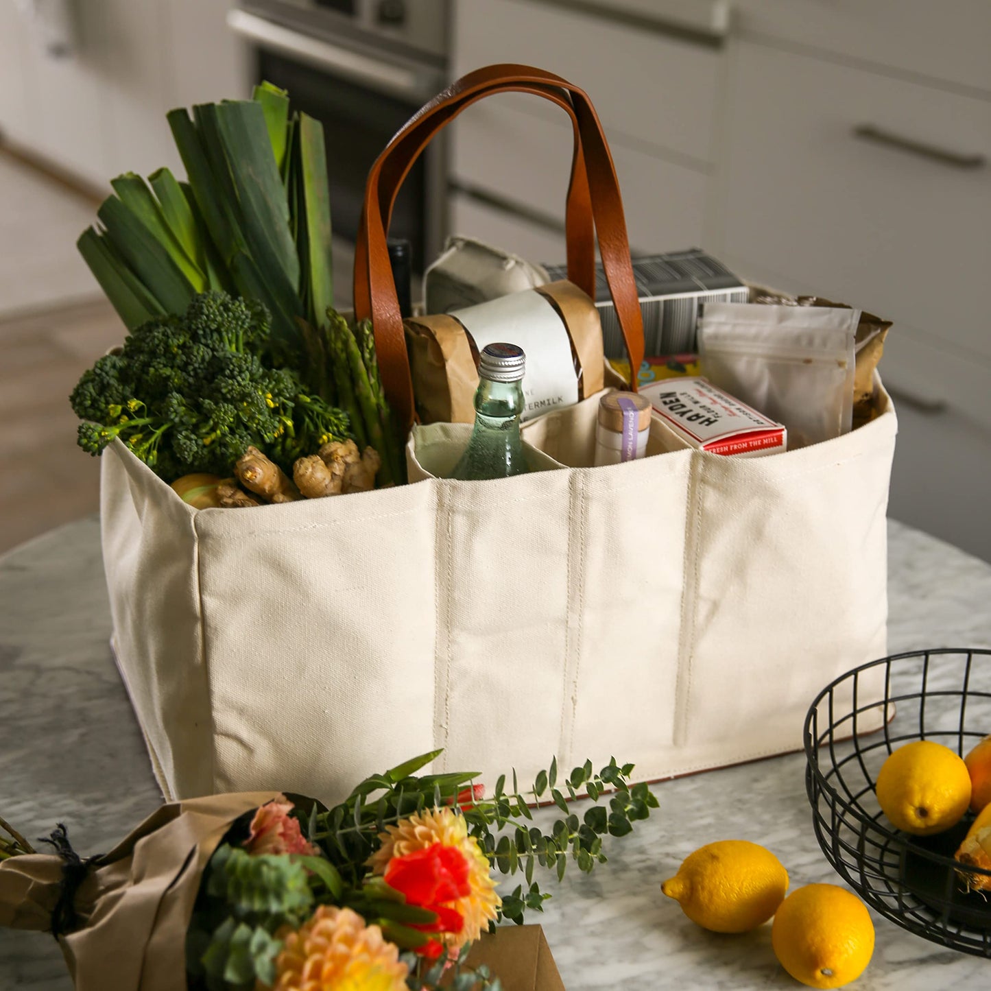 CapaBunga Grocery Tote Bag with Handles - 5 Pocket Large Utility Tote Bag - Heavy Duty Canvas Utility Bags with Vegan Leather Base - Reusable Shopping Bags for Groceries - Natural Grocery Bag