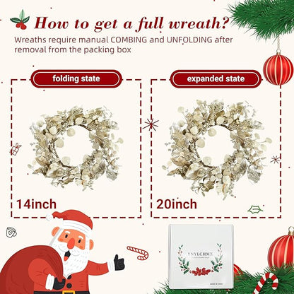 YNYLCHMX 20 Inch Winter Wreath for Front Door, Winter Wreaths with Gold Eucalyptus Leaves and Berries, Artificial Door Xmas Wreaths for Windows Walls Farmhouse Holiday Party Decoration