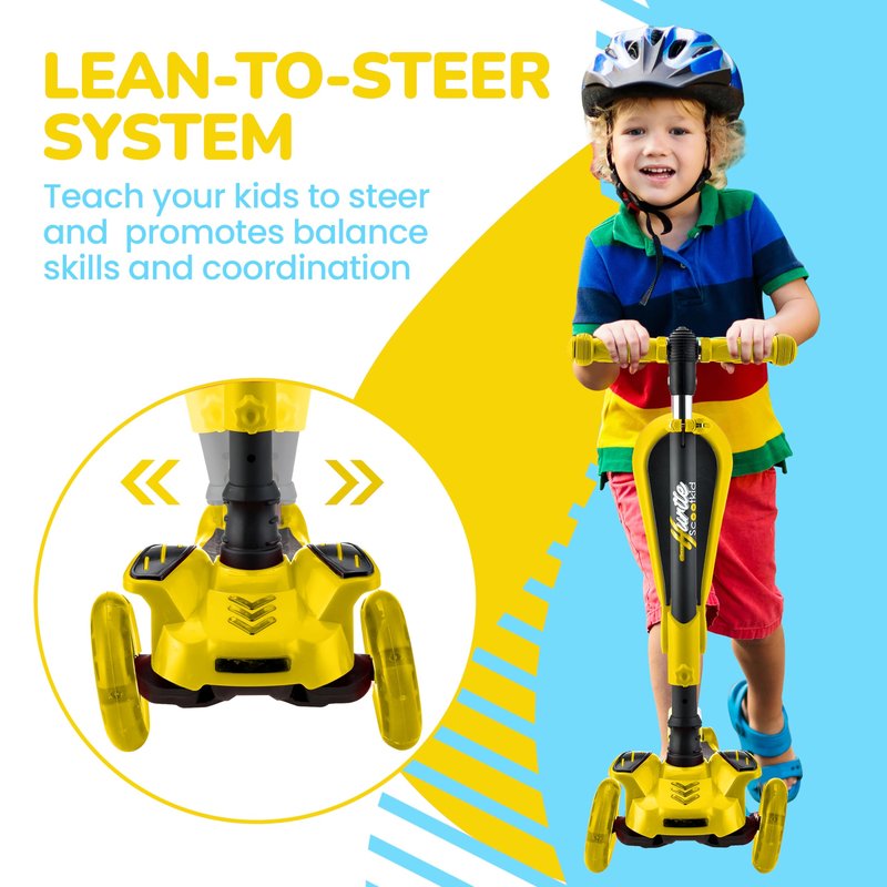 Hurtle 3 Wheeled Scooter for Kids - 2-in-1 Sit/Stand Child Toddlers Toy Kick Scooters w/ Flip-out Seat, Adjustable Height, Flashing Wheel Lights, Great for Indoor/Outdoor Fun, Yellow