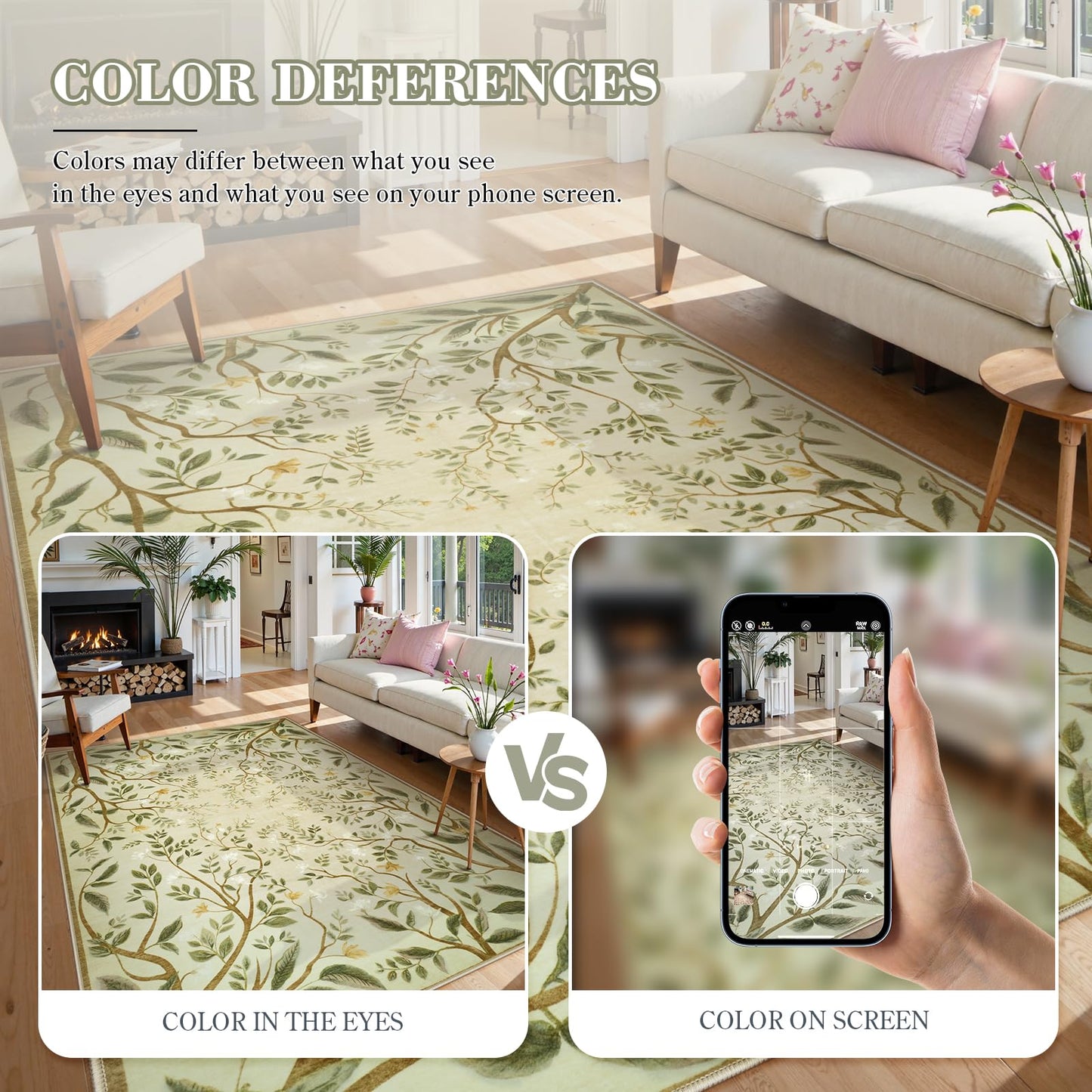 Collive Washable 5x7 Area Rugs, Green Living Room Bedroom Rug, Floral Forest Botanical Flourishing Vines Soft Non-Slip Stain Resistant Boho Carpet for Dining Room Office