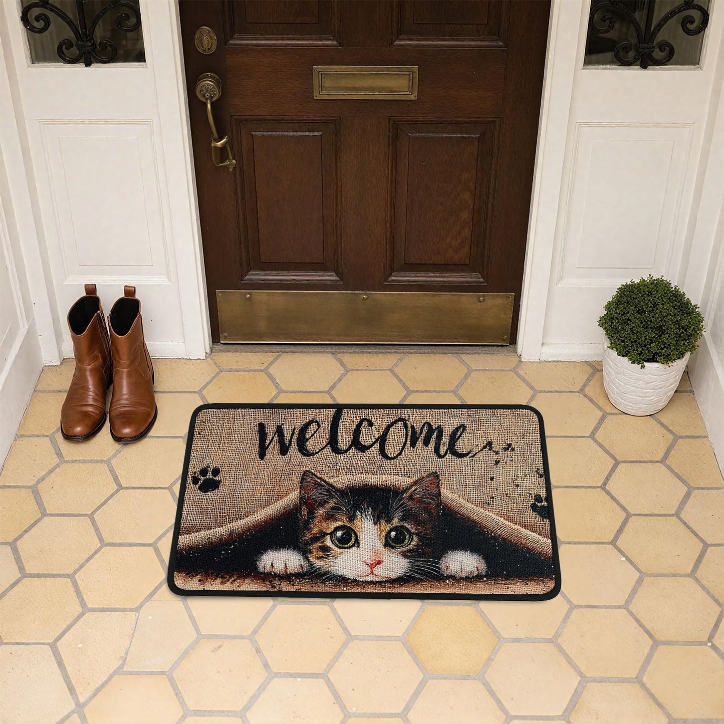 Worltoldb Welcome Cat Door Mat Indoor Outdoor Entrance Floor Mats Non-Slip Washable Decor Rugs 27x15 Inch