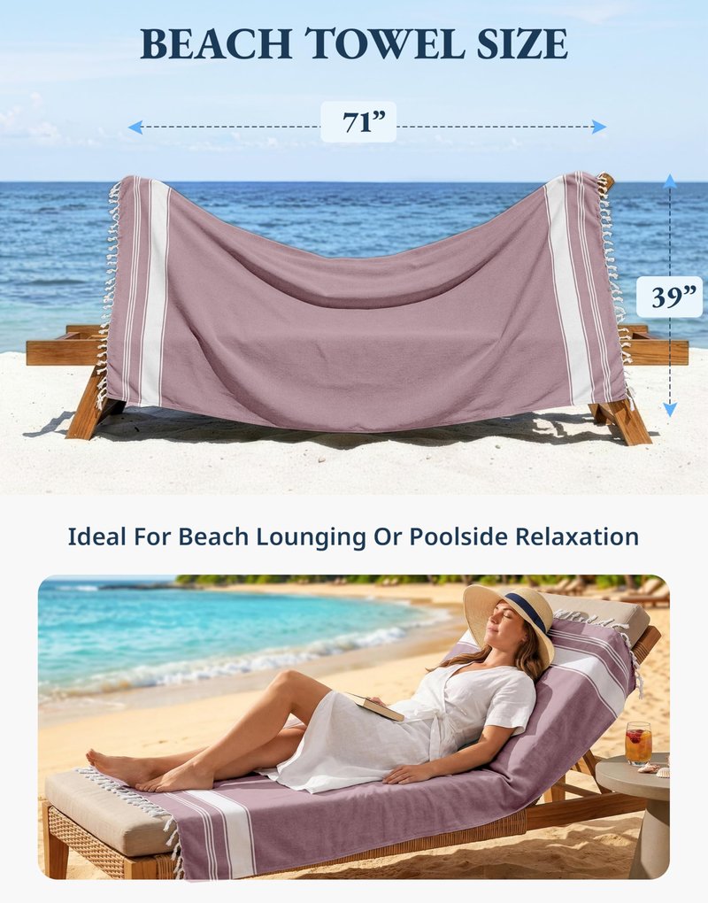 LANE LINEN Turkish Beach Towels, 2 Pack Extra Large Beach Towel, Pre-Washed for Soft Feel, Oversized Sand Free Quick-Dry Pool Towel, Beach Towels for Adults, 39"x71" - Wistful Mauve