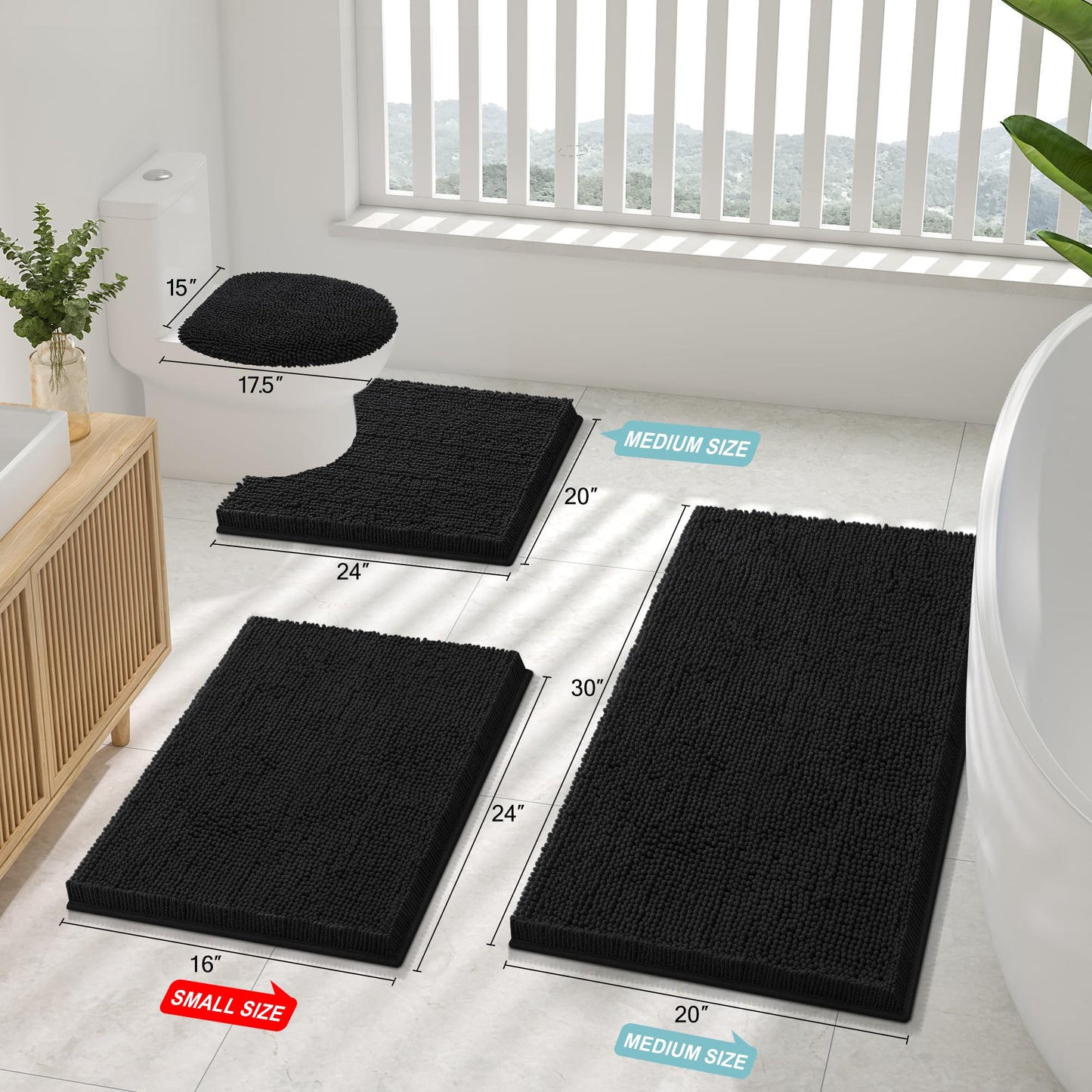 Smiry Luxury Chenille Toilet Rugs U-Shaped 24x20, Soft Absorbent Non-Slip Contour Bathroom Rugs for Toilet, Machine Washable Contoured Bath Mats, Black