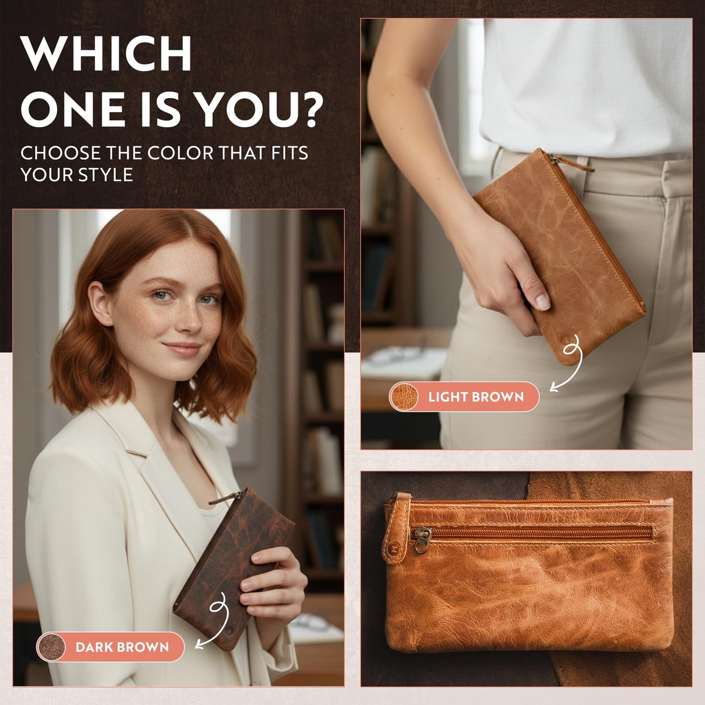moonster Leather Pencil Case Pouch, Handcrafted 8" x 4" Leather Pen Case with Zipper - Pencil Cases for Adults with Side Pocket - Pencil Pouch Zippered Pen Bag - Light Brown