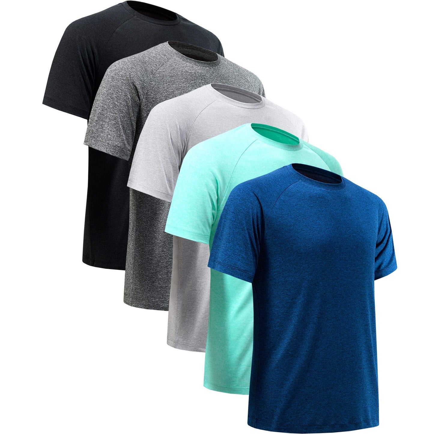 MCPORO Workout Shirts for Men Short Sleeve Quick Dry Athletic Gym Active T Shirt Moisture Wicking 5 Pack Black, Dark Grey, Light Grey, Dark Blue, Aqua Small