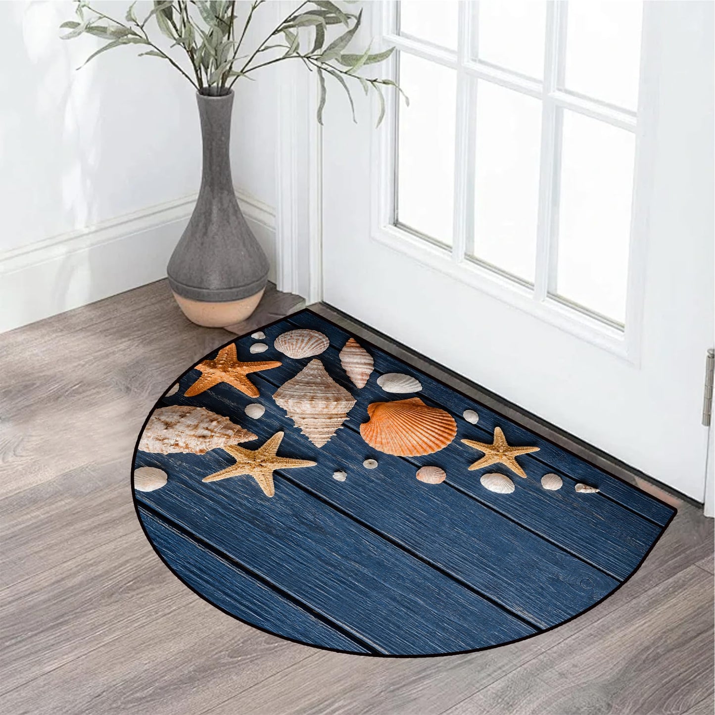 NYZE Half Circle Door Mat Indoor Outdoor Three-Proof Velvet Semi Circle Rug, Non-Slip Half Moon Entryway Rug for Bathroom, Kitchen, Half Round Door Mat (Seashell on Blue Wood, 24x36 inch)