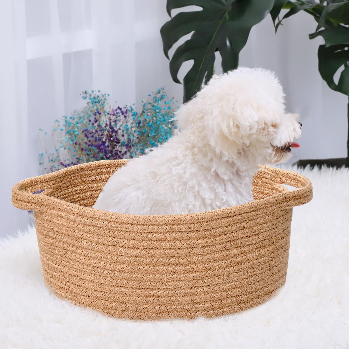 ABenkle Small Basket with Handles, Boho Decorative Rope Woven Dog Cat Toy Storage Bin Shelf Storage Organizer, Easter Christmas Gift Basket, 12"x8"x5"