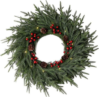 24" Artificial Christmas Wreath -Real Touch Norfolk Pine Wreath for Door,Wall,Windows,Indoor Outdoor -Christmas Wreaths for Front Door-Christmas Decorations-Holiday Decor-Free Battery LED Lights