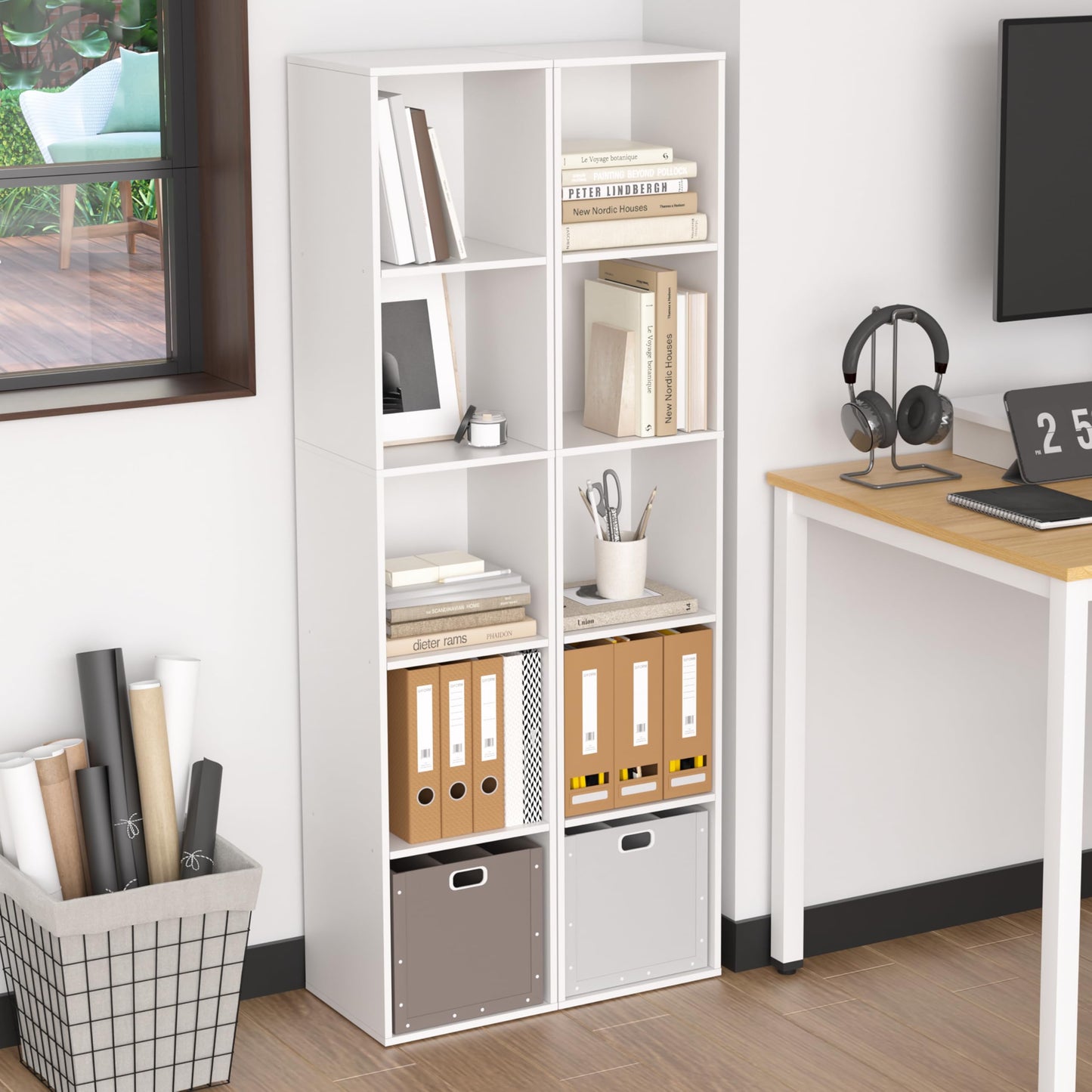 NewBeth Cube Bookshelf, 5 Cube Storage Organizer, Freestanding 5 Tier Open Display Shelf with Eco-Friendly Melamine Surface for Home Office, Bedroom, Living Room, Study, White