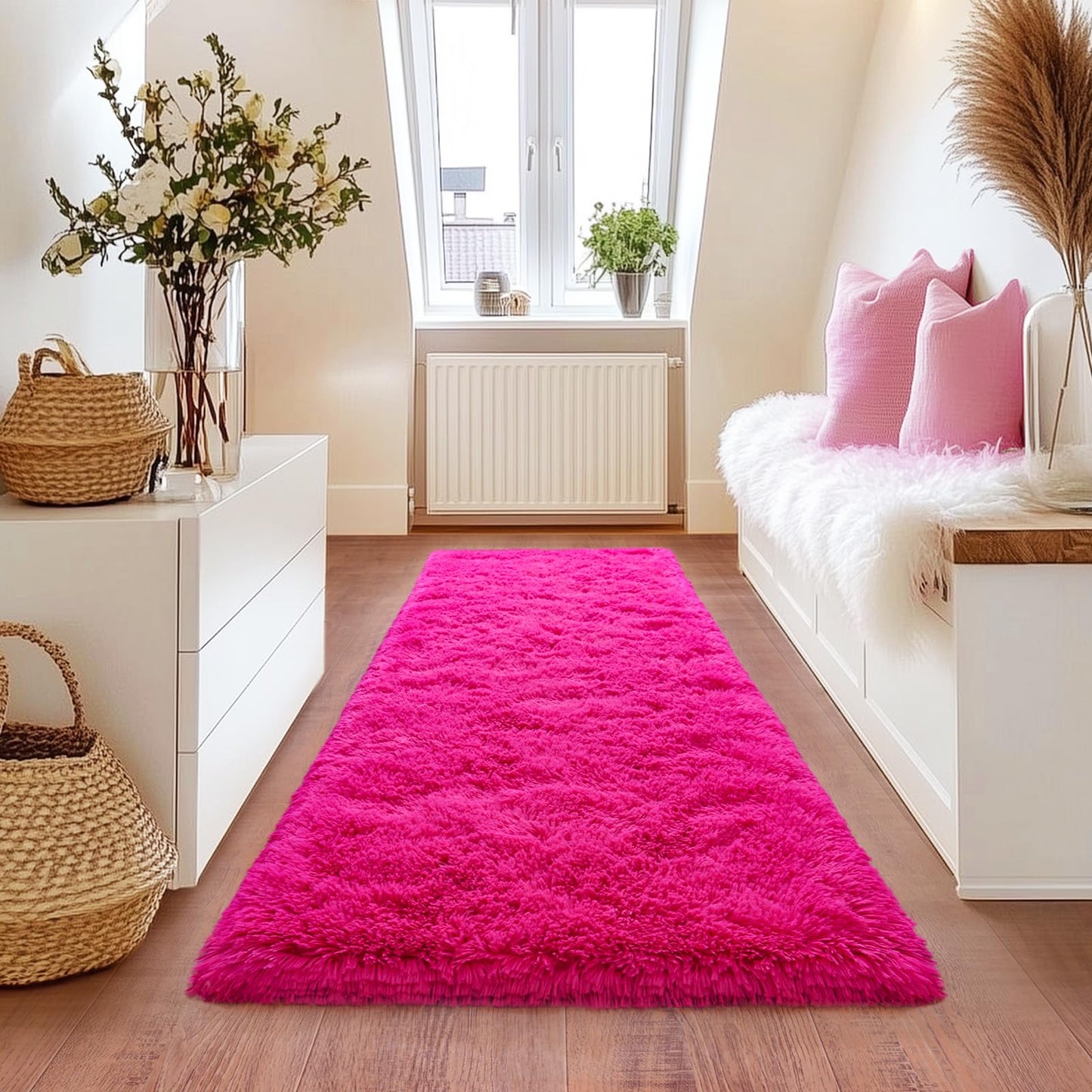 Hot Pink Runner Rug for Hallway, Bedroom Bedside Plush Rugs, Non Slip Fluffy Shaggy Carpet for Kids Home Decor, Dorm Nursery 2x6 Ft