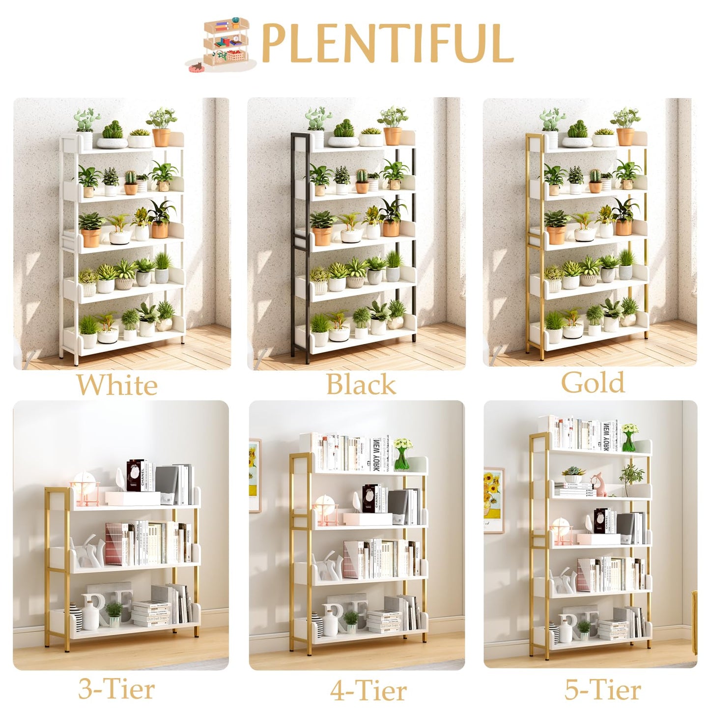 OSCHF Wide Open Shelf Bookcase - Modern 5-Tier Freestanding Display Bookshelf with Three-Side Panels for Home and Office, Storage Shelving in Warm White with Gold Frame