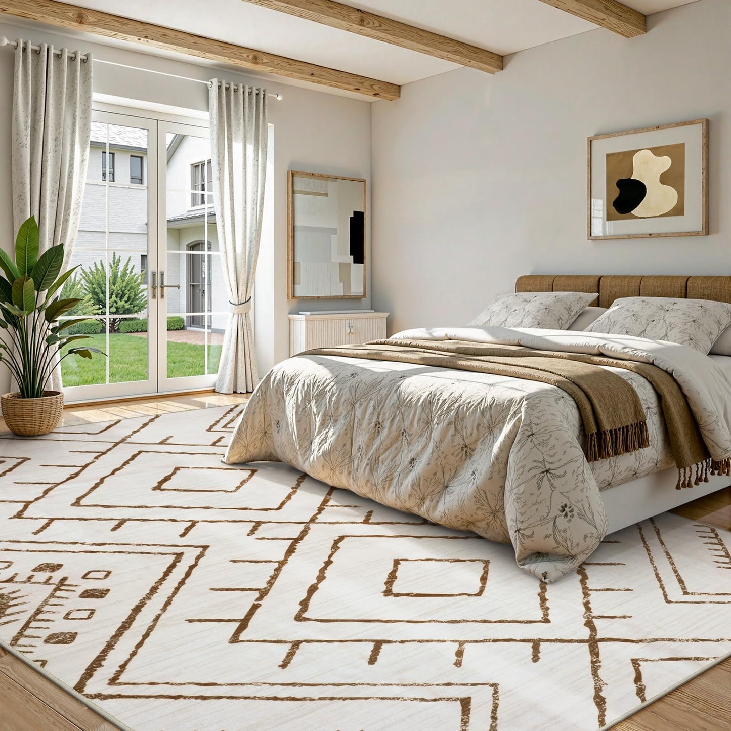 LIVEBOX Moroccan 8x10 Area Rug, Beige Washable Rugs for Living Room Bedroom, Non Slip Western Tribal Rug Low Pile Geometric Large Area Rugs Diamond Carpet for Dining Room, Nursery Room, Playroom Boho