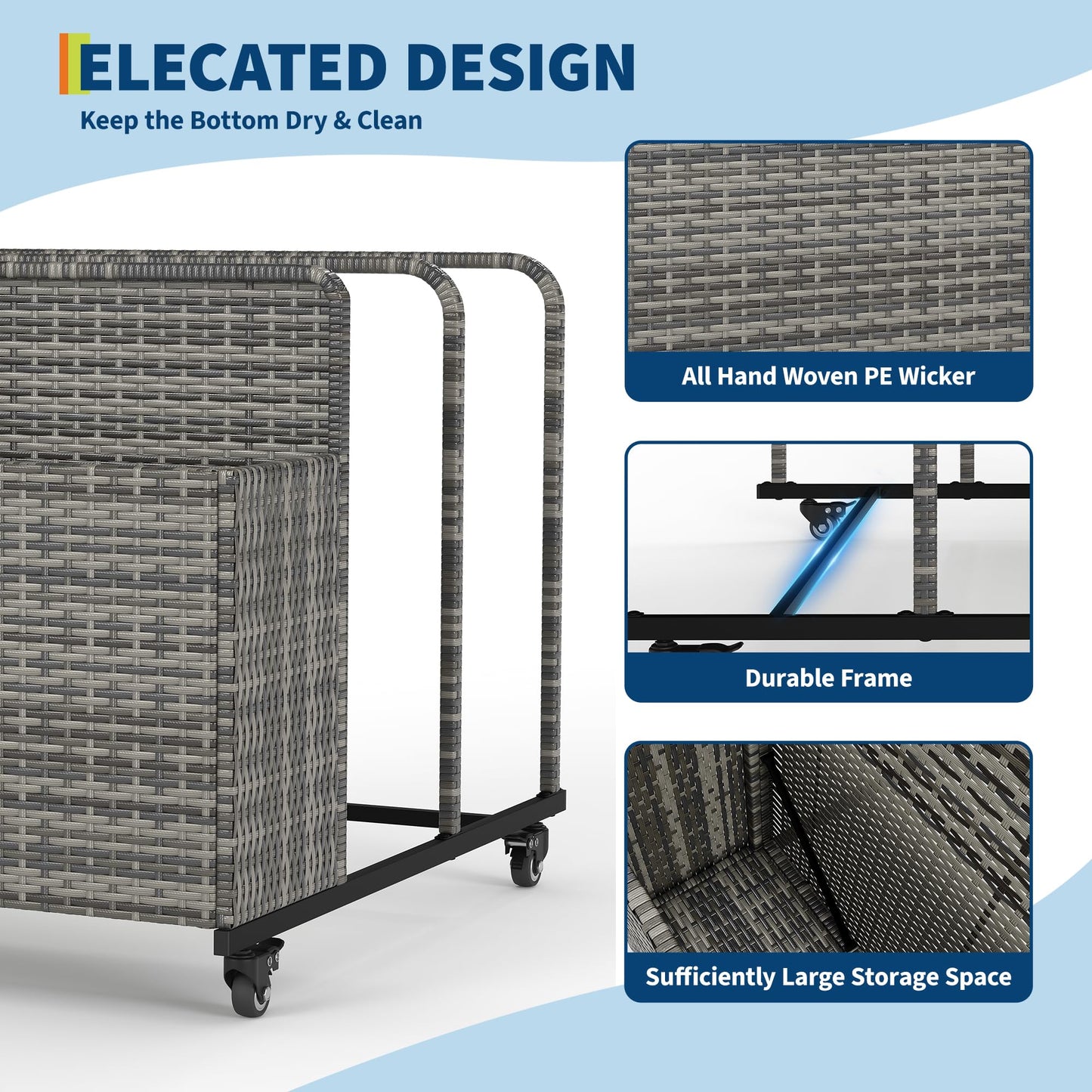 Pool Float Storage Organizer with Rolling Wheels, Outdoor Wicker Rattan Pool Caddy & Toy Storage Basket for Poolside, Patio & Deck, All-Weather PE Rattan Pool Caddy, 2 Open Compartments, Grey