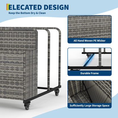Pool Float Storage Organizer with Rolling Wheels, Outdoor Wicker Rattan Pool Caddy & Toy Storage Basket for Poolside, Patio & Deck, All-Weather PE Rattan Pool Caddy, 2 Open Compartments, Grey