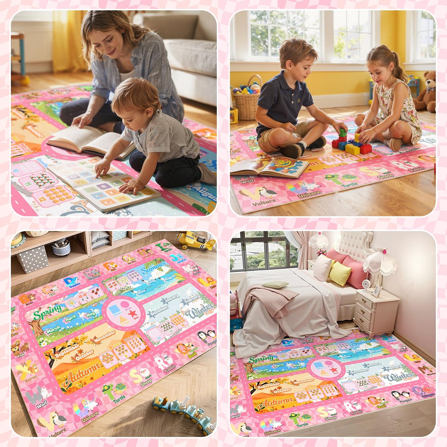 Auetwyona Kids Playroom Rug 4' x 6'- Educational Alphabet ABC Mat with Animals,Seasons & Numbers | Pink Classroom Rug & Playroom Essential Fun Play Mat Washable Kids Area Rug for Girls Bedroom