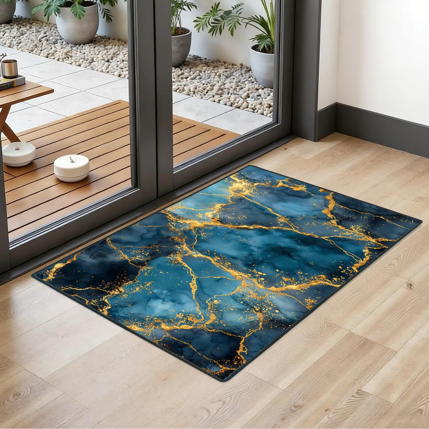 ANNA QUEEN 2x3FT Blue Gold Marble Area Rug, Indoor Door Mat Entry Rug, Luxury Abstract Washable Non Slip Rug for Front Door Foyer Hallway Kitchen Apartment