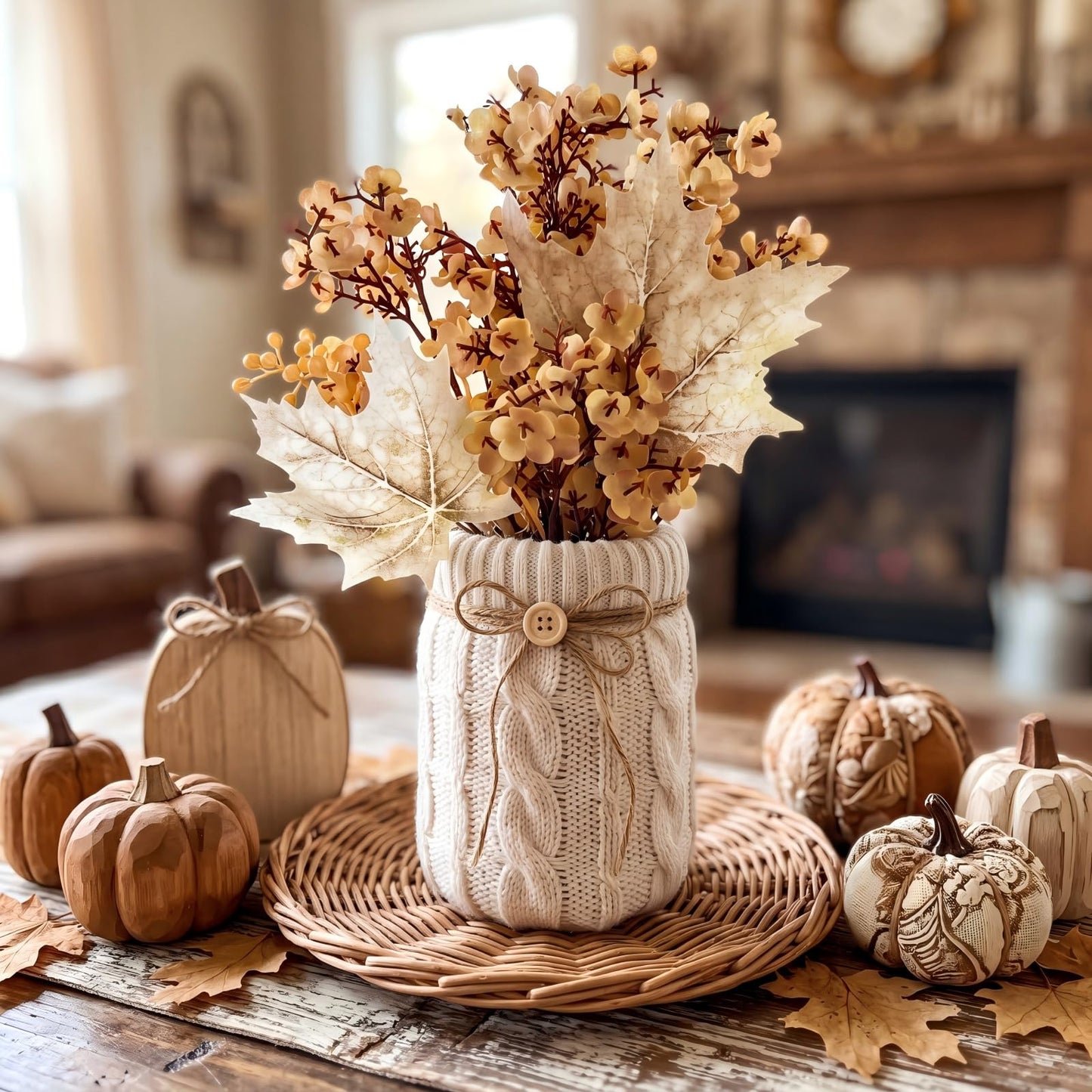 Newtay Fall Table Centerpiece 2 Pieces Mason Jar Vase with White Sweater Cove 17 oz Glass Flower Vase Rustic Autumn Farmhouse Table Decoration with Knit Bow and Button, Cozy Home Decoration
