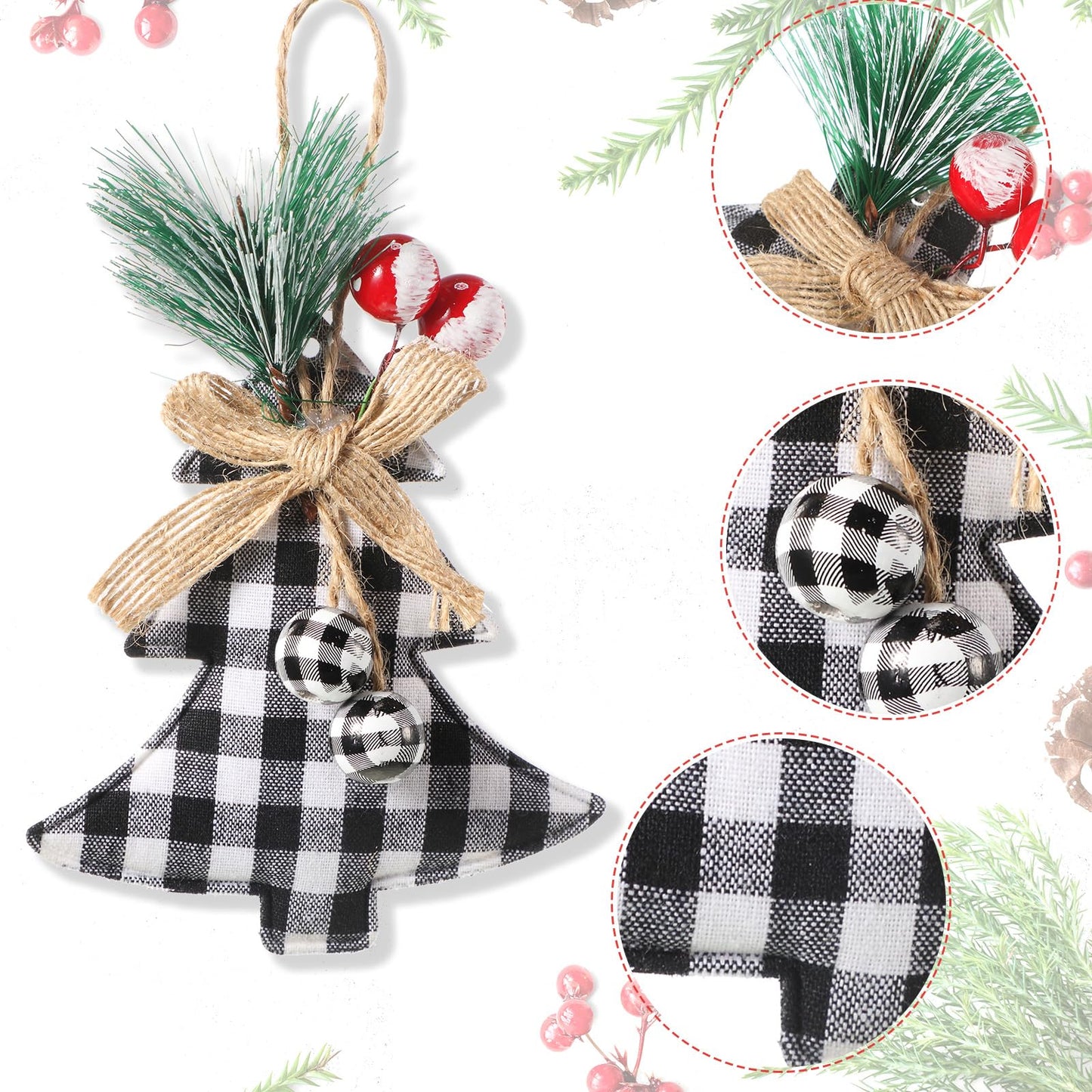 Sratte 20 Pcs Rustic Christmas Tree Ornaments Set 2.5" Hanging Burlap Plaid Ball 3.1"-6" Red/White Black Buffalo Check Ball for Farmhouse Christmas Ornaments Country Xmas Decorations (White,Black)