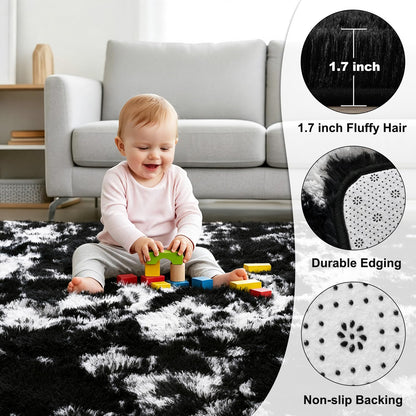 KIXINWA Rug for Bedroom, 4x6 Area Rug for Living Room, Fluffy Carpet for Kids Nursery Dorm Room, Soft Shag Non Slip Floor Rugs, Home Décor Carpet, Machine Washable, Tie-Dyed Black and White