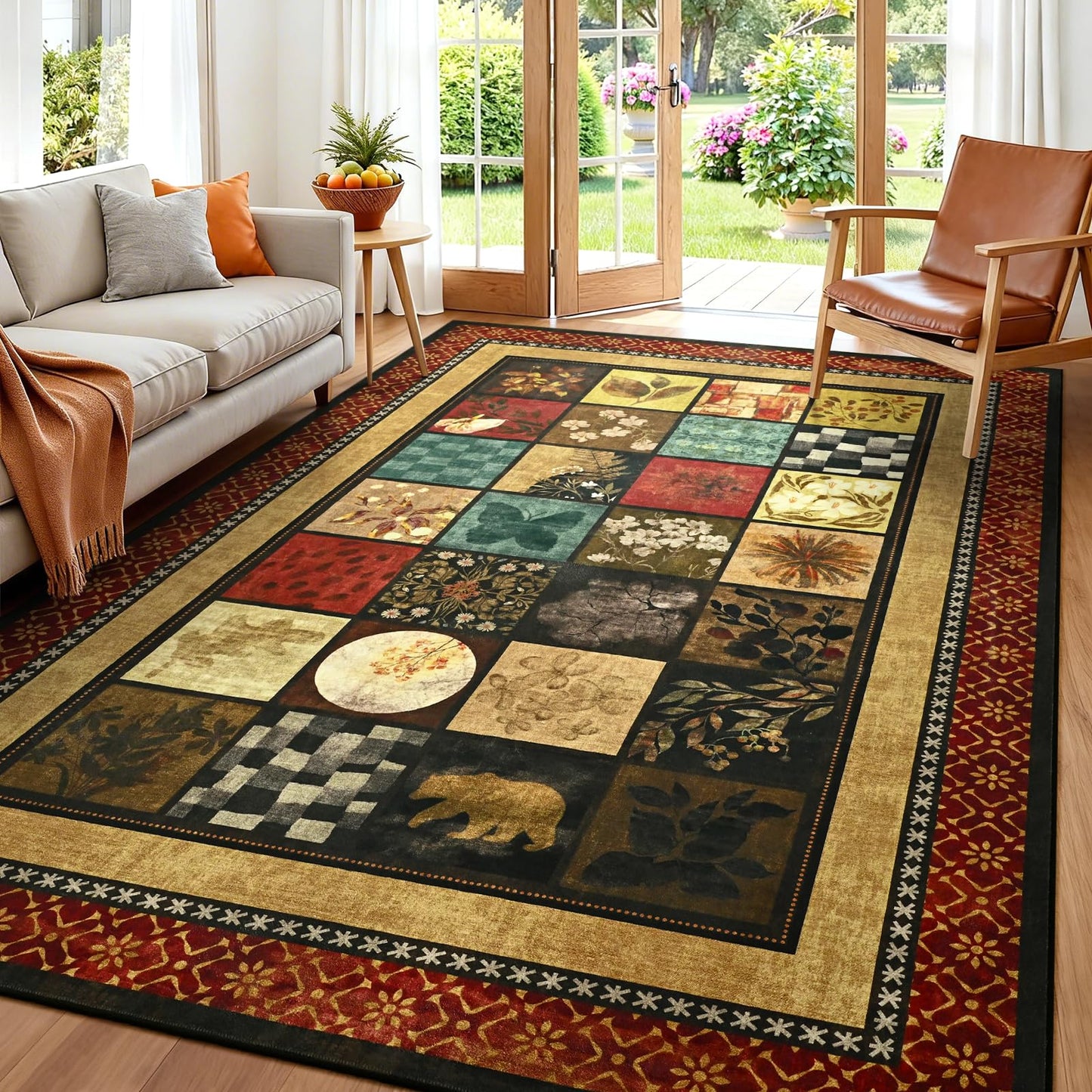 Zedrew 5x7 Area Rug, Geometry Floral Rugs for Living Room, Non Slip Low Pile Print Rug Indoor Carpet Bedroom Office Dining Kids Room Playroom Apartment Home Decor (Red, 5x7ft)