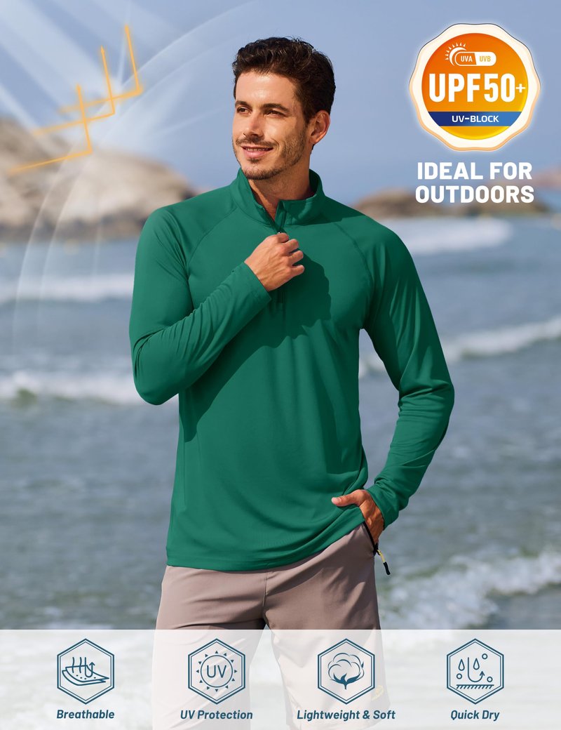 TACVASEN Polyester Shirts Men Outdoor Long Sleeve Athletic Running Performance Quarter Zip Pullover Dry Fit Shirts Men Emerald Green XXL