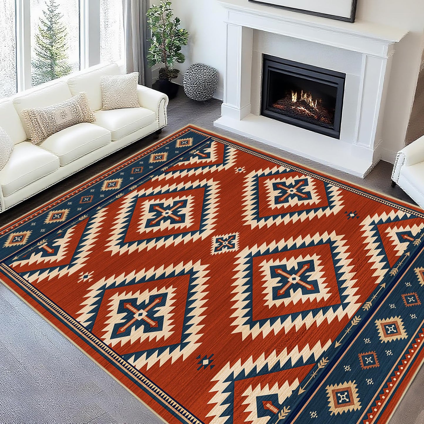 8x10 Area Rug for Living Room Southwestern Rug Machine Washable Western Aztec Southwest Area Rugs Non Slip Low Pile Navajo Tribal Large Dining Room Indoor Floor Carpet for Bedroom Office,Red