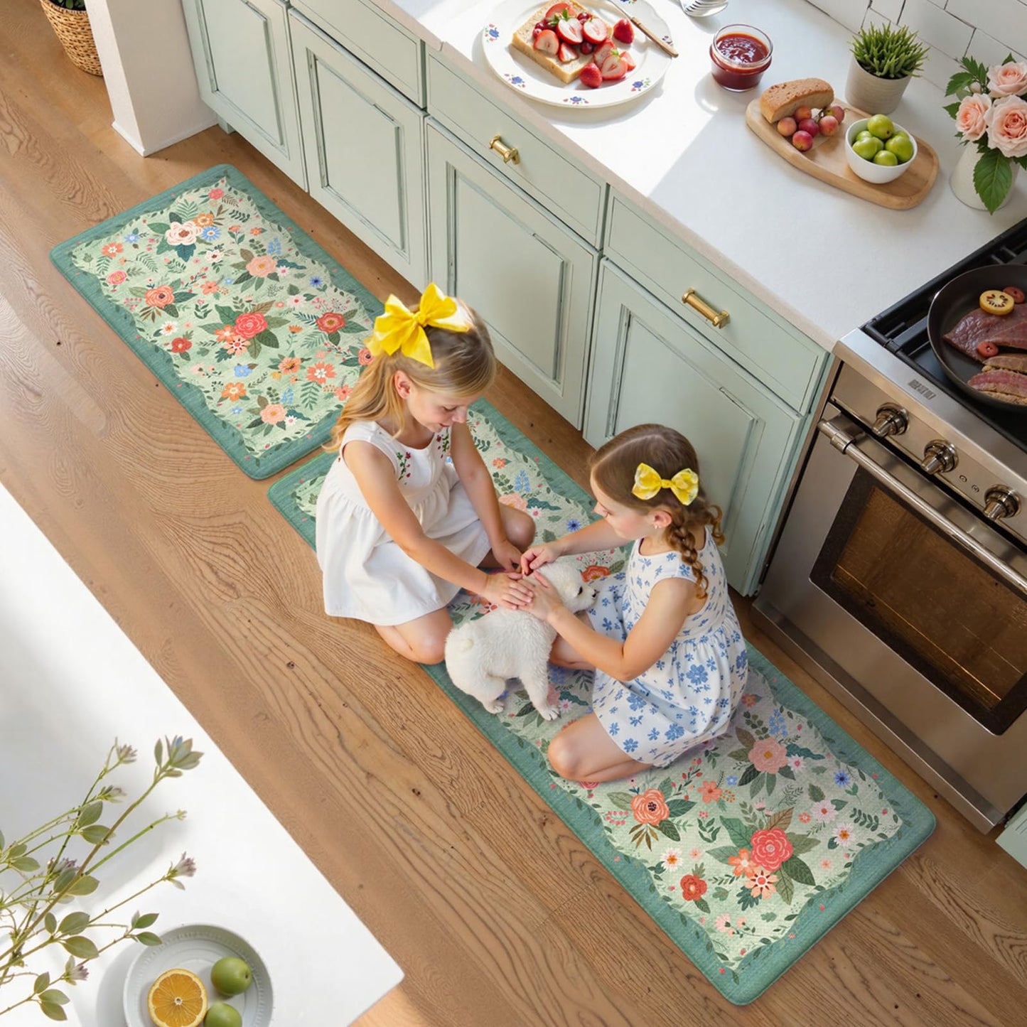 KIMODE Anti Fatigue Mats for Kitchen Floor 17"x47"+17"x29",Green Farmhouse Kitchen Rugs Sets of 2, Cushioned Kitchen Floor Mats Non Skid, Memory Foam Mats for Laundry Office Sink Desk
