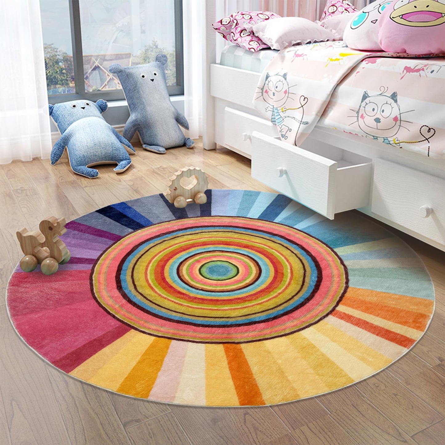 Lacomfy Kids Rug Circle Sun Rug 4Ft Round Modern Abstract Girls Bedroom Carpet Round Rainbow Nursery Mat Playroom Bedside Area Rug for Children Cartoon Crawling Mat for Home Decor