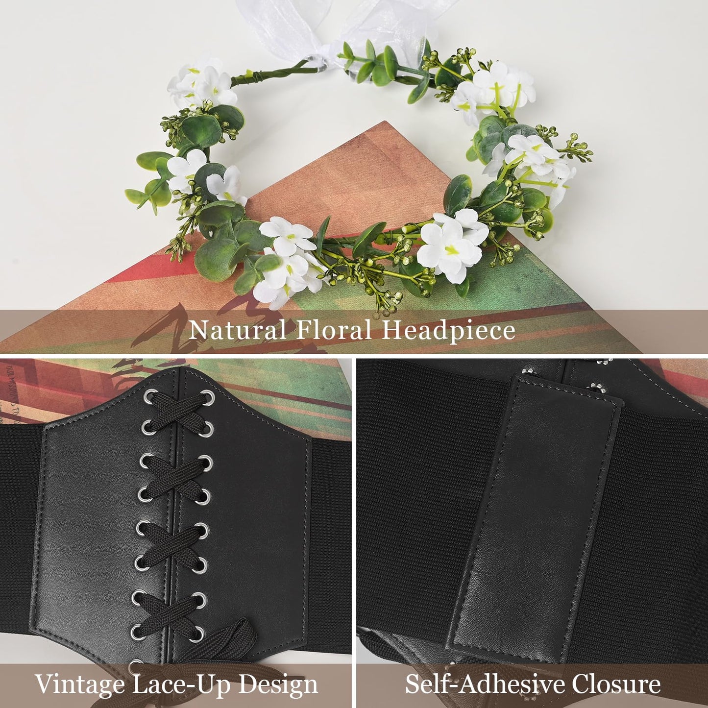 XZCYAMPF Lace-up Pirate Corset Belt for Women, Leather Waist Cincher with Floral Headpiece, Renaissance Halloween Costume Accessories (Black, 36ft)