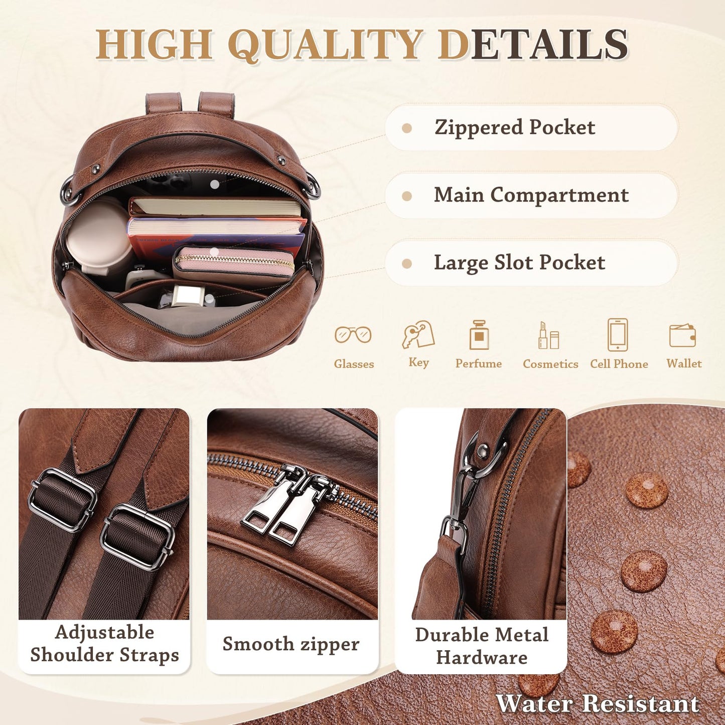 Chase Chic Mini Backpack Purse for Women, Vegan Leather Cute Small Backpack Ladies Fashion Shoulder Handbag for Travel Brown