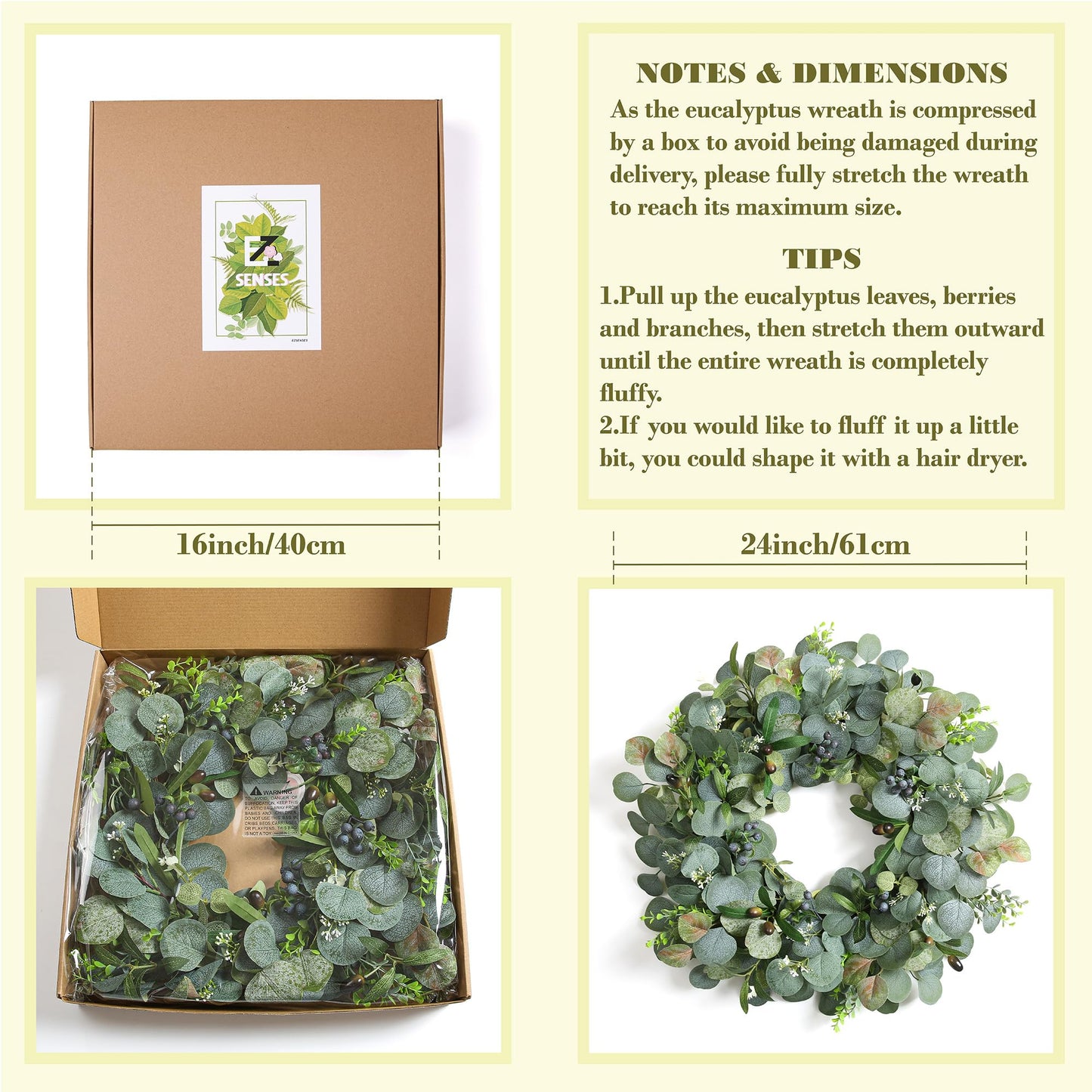 24 Inch Eucalyptus Wreath for Front Door – Green Spring Summer Wreath with Olive Leaves & Berries – Handmade Year-Round Door Decor by EZsenses