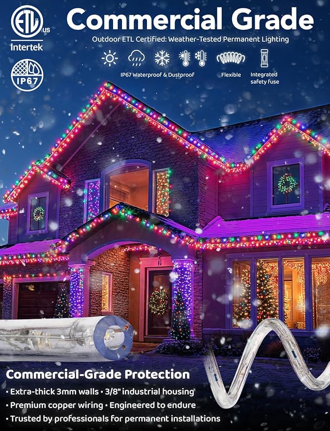 WYZworks 576LEDs 50ft LED Outside Rope Lights, Outdoor ETL Certified Waterproof Permanent 360 Degree Light Emitting, Flexible Tube, Connectable, Christmas Palm Tree Exterior Landscape, Colorful