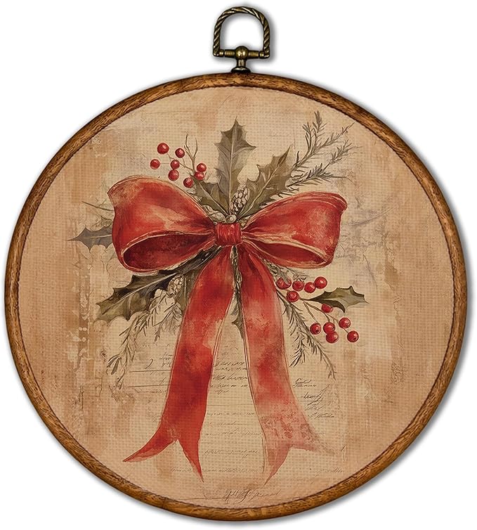 KSDUT Christams Wall Decor Art - Vintage Xmas Bow Wall Art Canvas Frame Hanging Prints, Retro Rustic Holiday Round Wall Art Decor for Home Bedroom Decorations 10"x10"