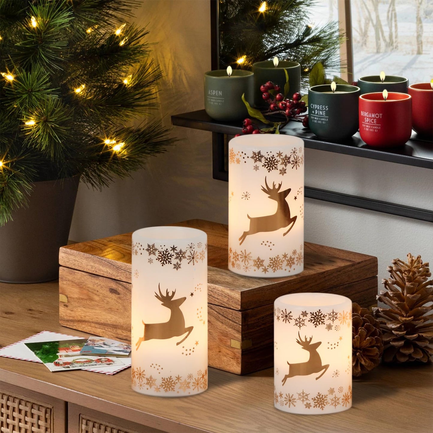 Wondise Flameless Flickering Candles with 6H Timer, Gold Deer Christmas Battery Operated Candles 3 Pack Real Wax Warm Light LED Pillar Candles for Christmas Dinner Tabletop Holiday Decor 3" x 6"