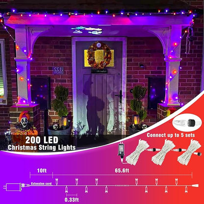 200 LED Christmas Lights Outdoor, 66ft Christmas String Lights Indoor Clear Wire 8 Modes Waterproof Plug in Twinkle Fairy Light for Tree Party Garden Decorations, Purple&Orange