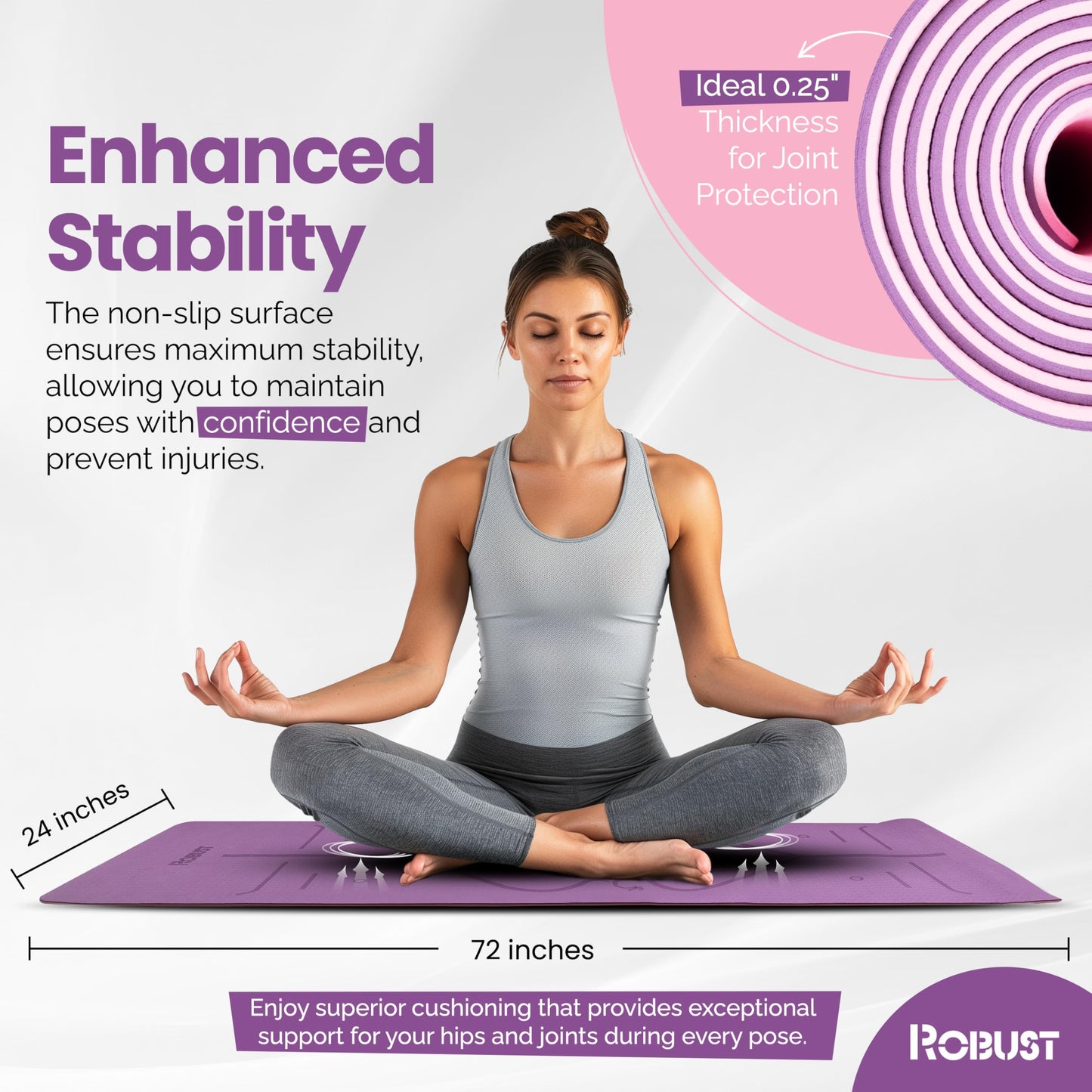 Robust Non-Slip Yoga Mat with Strap, 1/4" Thick TPE Eco-Friendly Workout Mat for Yoga with Position Lines and Texture Surface, Gym Mat for Women, Men, Pilates and Exercises Anti-Tear Sweat-Proof Exercise Mat