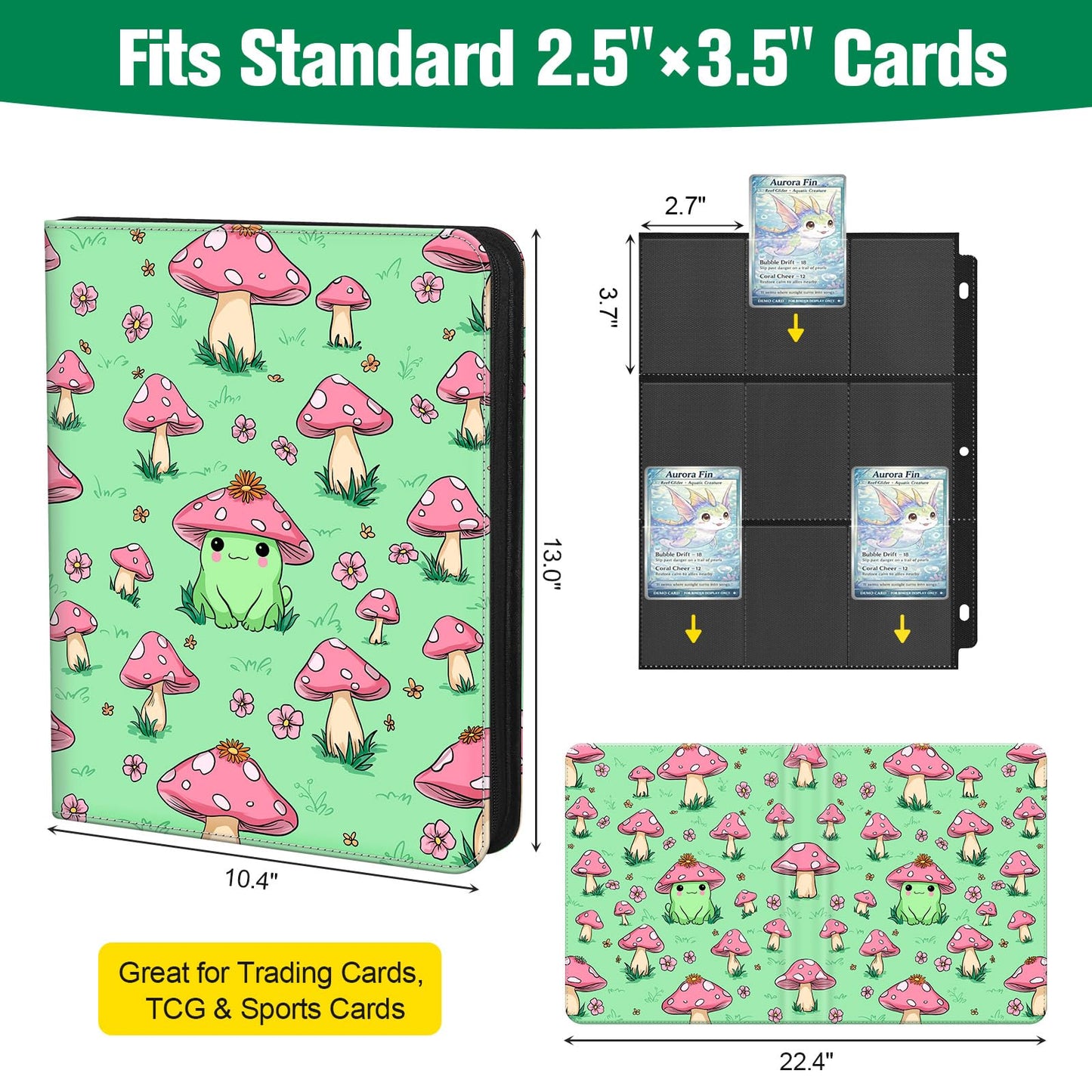 UGYAZX Cute Frog & Mushroom 9-Pocket Trading Card Binder Album, 900 Card Zipper Binder with 50 Removable Sleeves, Refillable 3-Ring Card Book for MTG, TCG and Sports Cards, Fits 2.5" x 3.5" Cards
