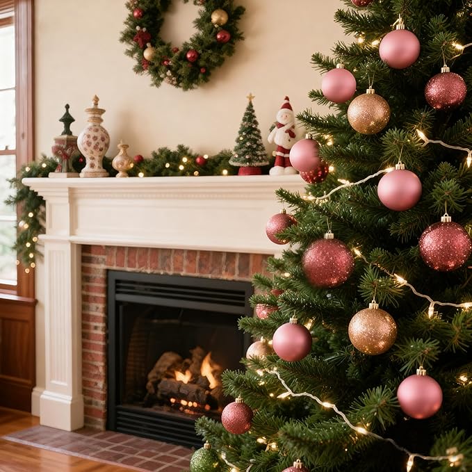 50ct Christmas Balls Ornaments for Xmas Tree, Pink and Gold Shatterproof Christmas Tree Decorations Hanging Ball for Holiday Party Decor(1.57"-2.36")