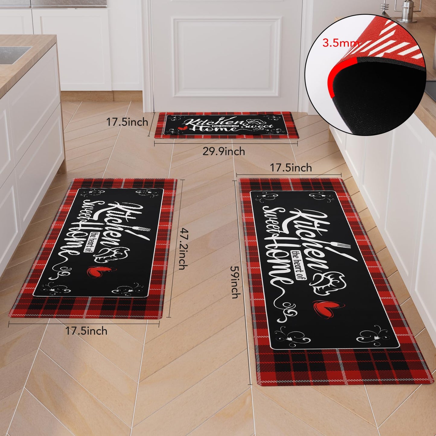 XLHOMO Kitchen Runner Rugs of 3, Red Non Slip Cushioned Kitchen Mat for Floor Waterproof Comfort Mats Farmhouse Chef Mats Floor Carpet