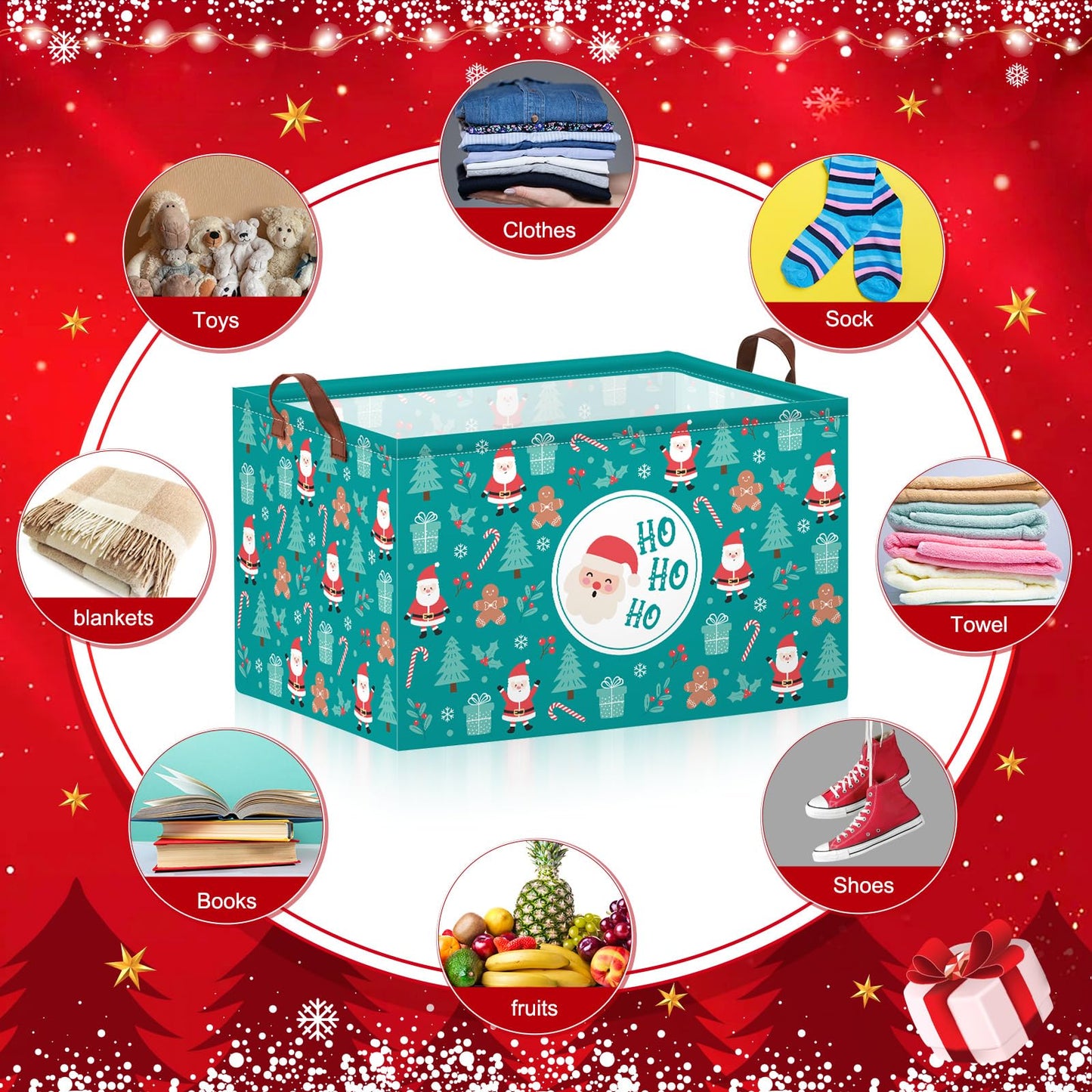 Boao 3 Pack Christmas Storage Baskets for Gifts Empty Collapsible Large Christmas Storage Bins, Xmas Canvas Laundry Basket with Handle for Office Home Bedroom Clothes Toys Holiday Decor