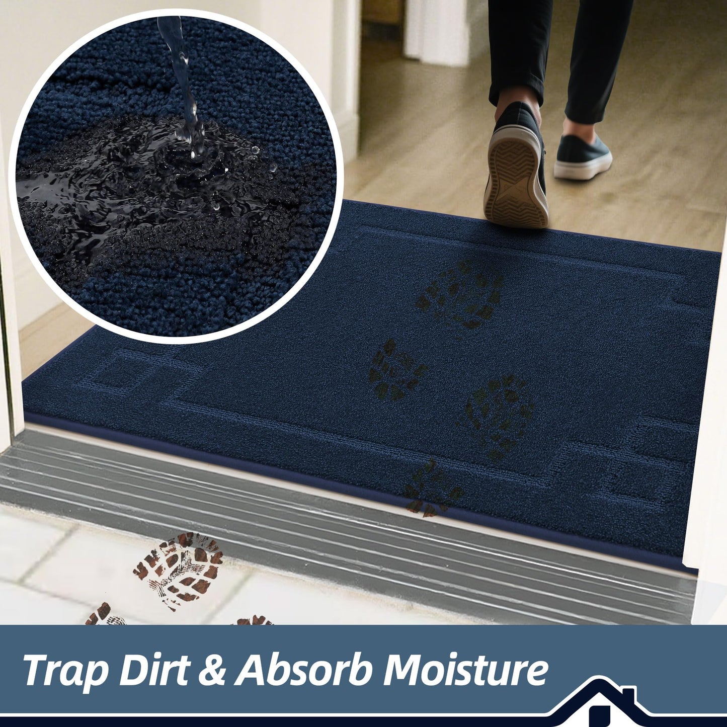BEQHAUSE Door Mat 24" x 60", Non-Slip Door Mats Indoor Entryway Rugs Washable Low-Profile Absorbent and Stain Resist Floor Mats, Dog Door Mat for Front Back Door, Mud Wet Shoes & Paws, Navy Blue