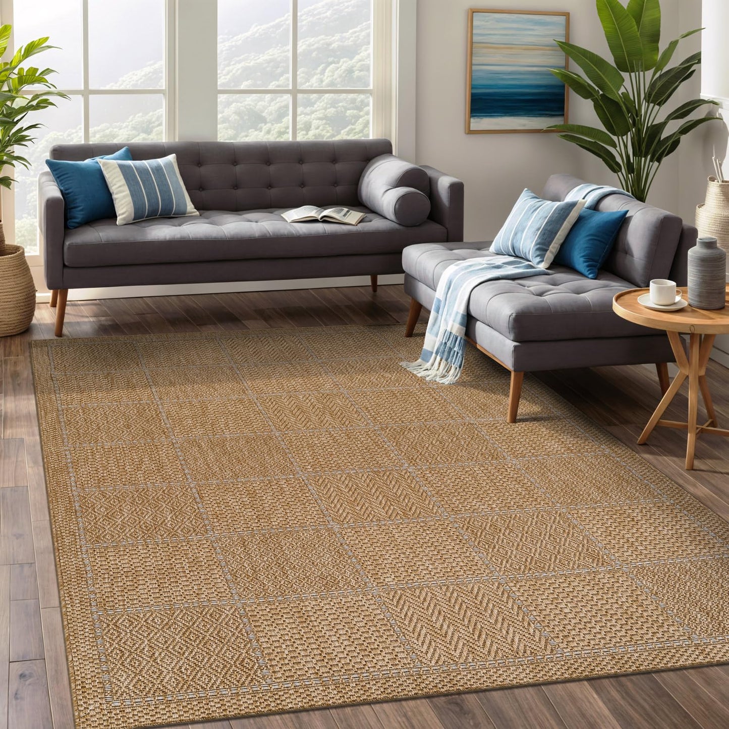 Beverly Rug Easy Jute Checkered Squared Rug 6x9 Washable Durable Indoor Outdoor Area Rugs for Living Dining Room Patio Office Stain Resistant Non Shedding Casual Indoor Outside Carpet 6 x 9 Natural