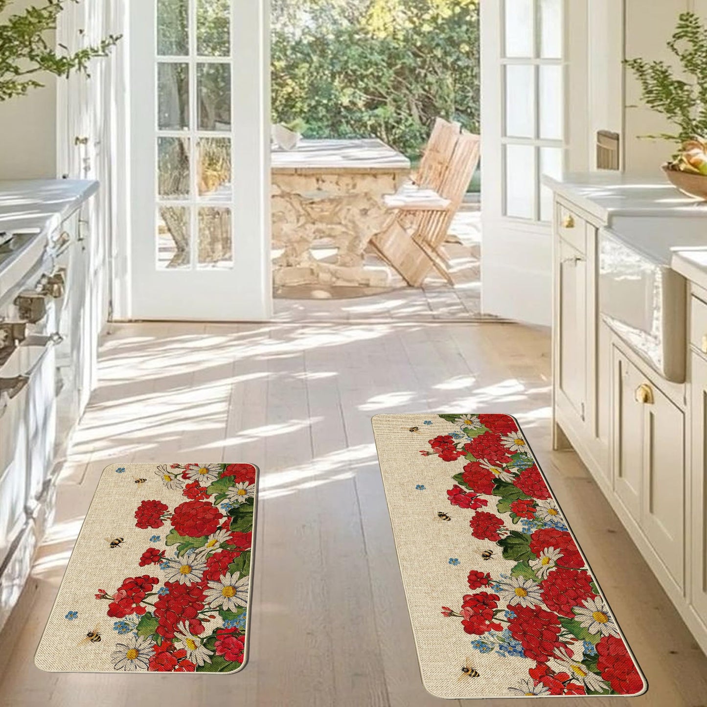 Tikeciti Spring Summer Red Geranium Kitchen Mats Set of 2, Bee and Flower Kitchen Rugs Seasonal Vibrant Daisy Holiday Floor Non-Slip Low Profile Mat Farmhouse Home Decor 17x29 and 17x47 Inch