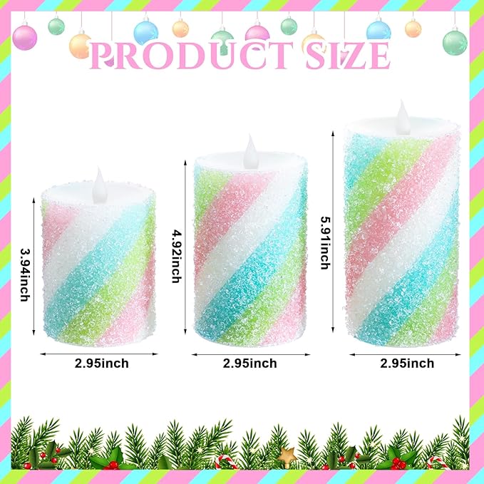 Baquler 3 Pcs Pastel Candy Flameless Candles Christmas Candy Stripe LED Pillar Candles Pastel Battery Operated Candlestick for Holiday Party Centerpiece Xmas Home Decoration