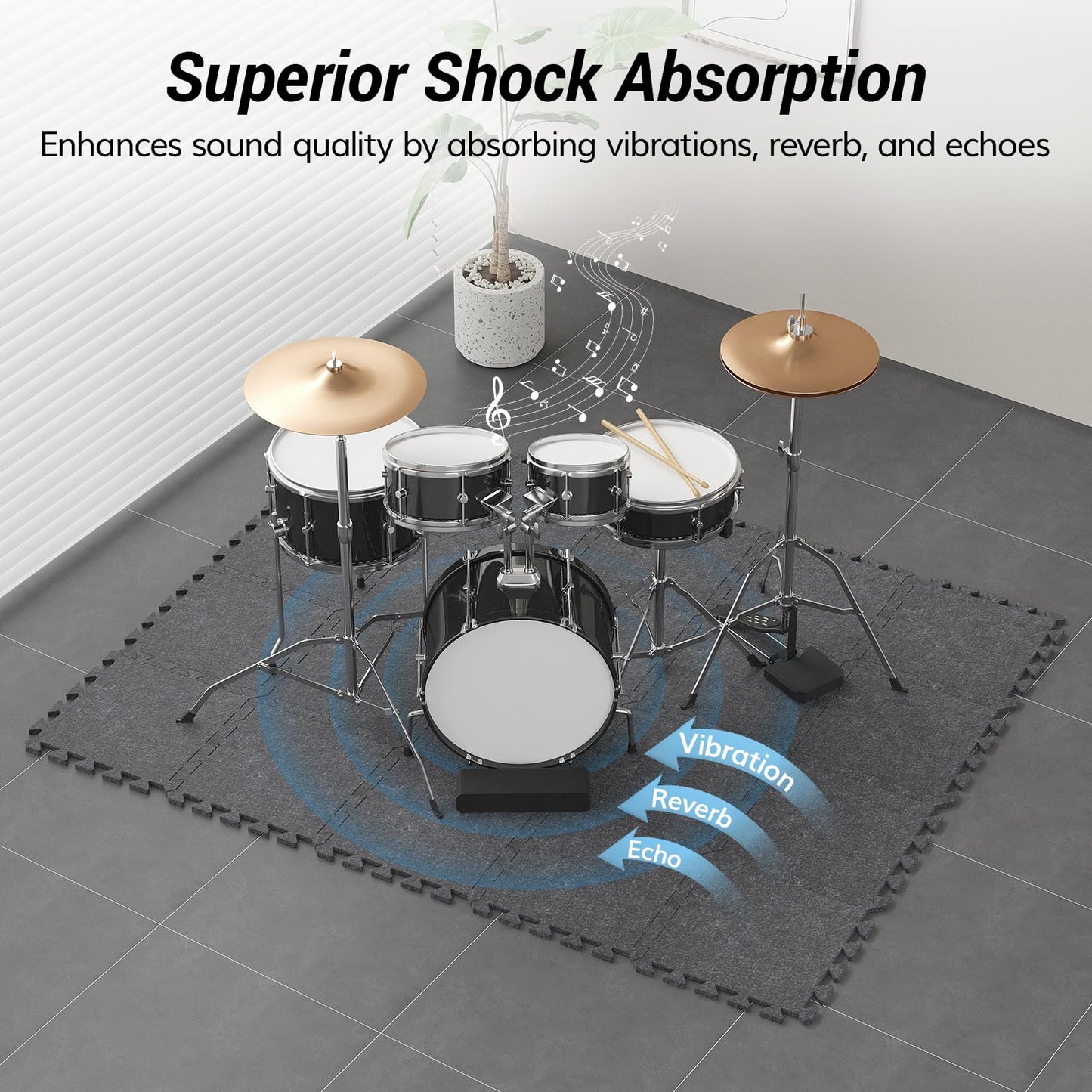 TONOR Drum Mat Set, 20PCS, each 11.8'' x 11.8'' x 0.35'', Floor Drum Mat with Non-slip Bottom, Thick Sound Absorbing Floor Mat for Electric Drum Set, Soundproof Carpet with Bass Drum Anchor, Medium