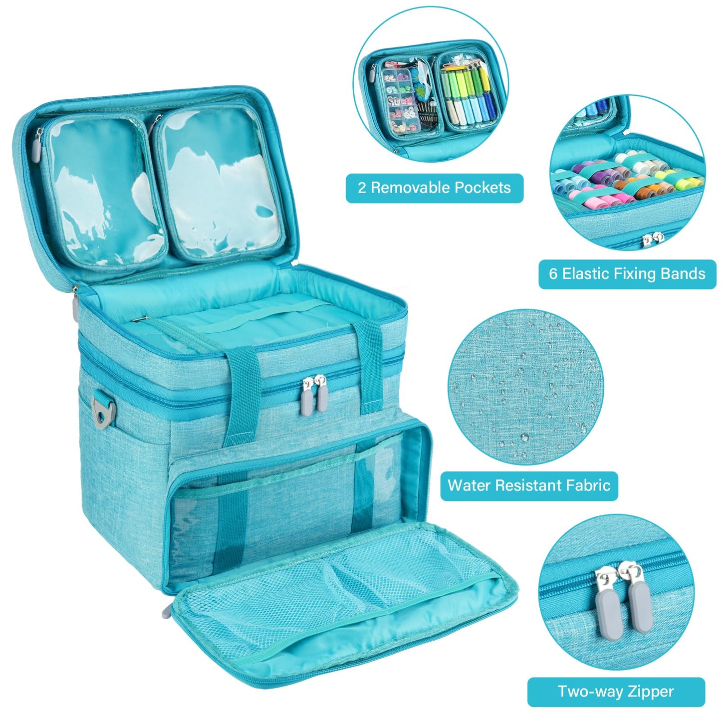 MRINCA Sewing Accessories Organizer Bag, Double Layer Sewing Storage Bag with Shoulder Strap, 2 Detachable Pouches, Large Portable Sewing Travel Case for Supplies, Thread, Scissors, Tools (Blue)