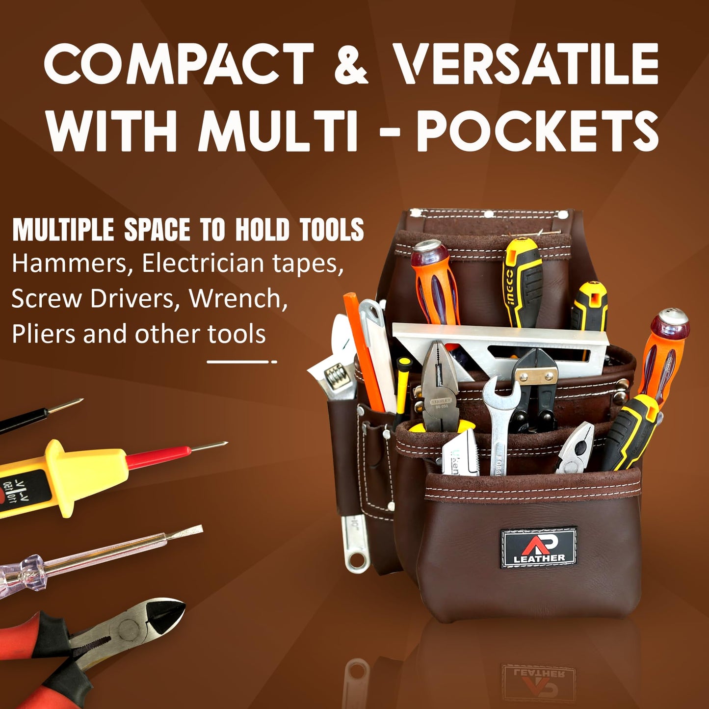 AP-LEATHER PRO-19 100% Genuine Full Grain Leather Tool Belt/Pouch/Bag, tool belt with suspenders, Comfort Back Support Tool Pouches With Suspenders (Chocolate Brown)