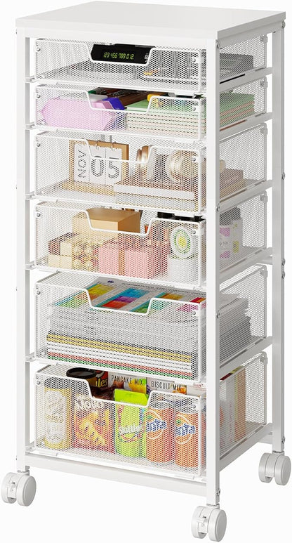 Sbanmao 6 Drawers Rolling Utility Cart, Rolling Storage Cart with Wooden Tabletop, Storage Drawer Cart on Lockable Wheels, Craft Cart for Bedroom, Classroom, Office, White