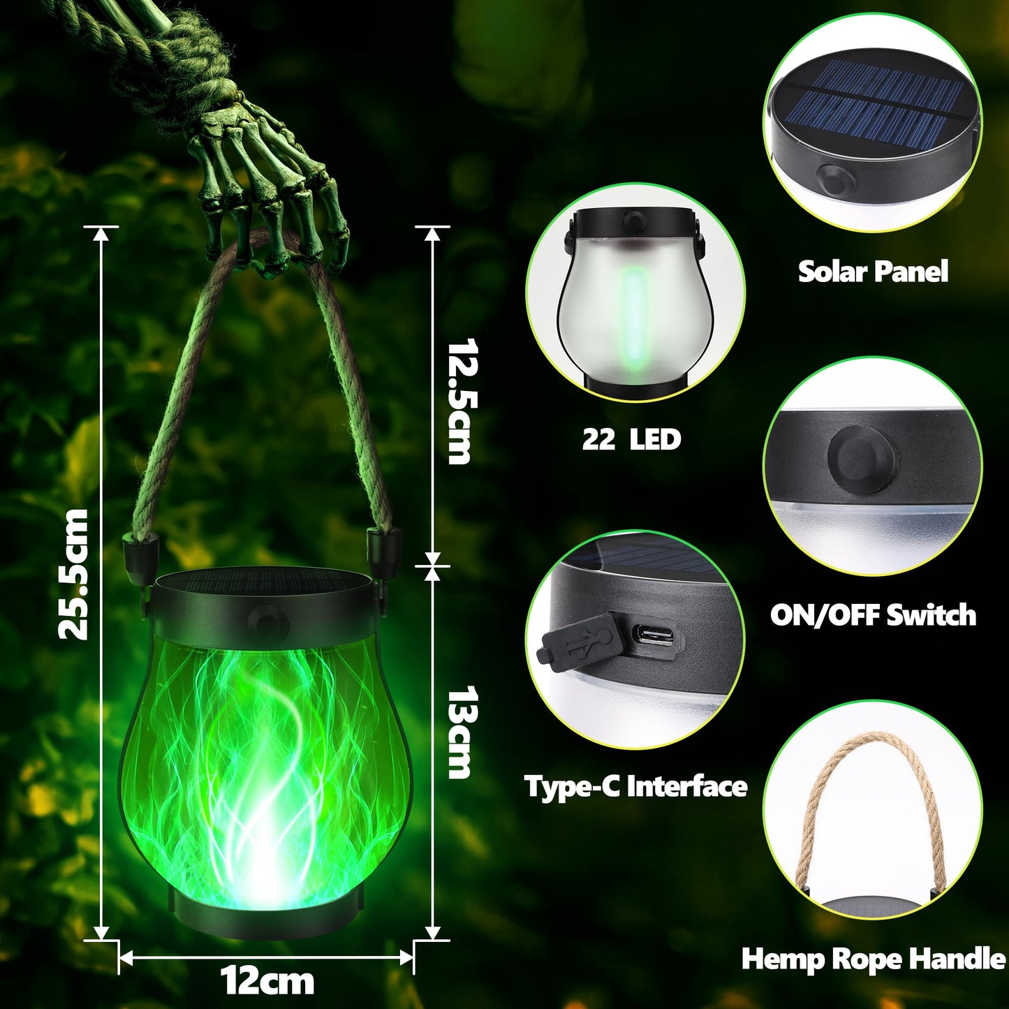 Jyoiat Solar Flame Lantern Hanging Outdoor Waterproof - 2 Pack Flame Lanterns with Dual Charging Modes of Solar & USB for Garden or Yard Decorations (Green - 2 Pack)