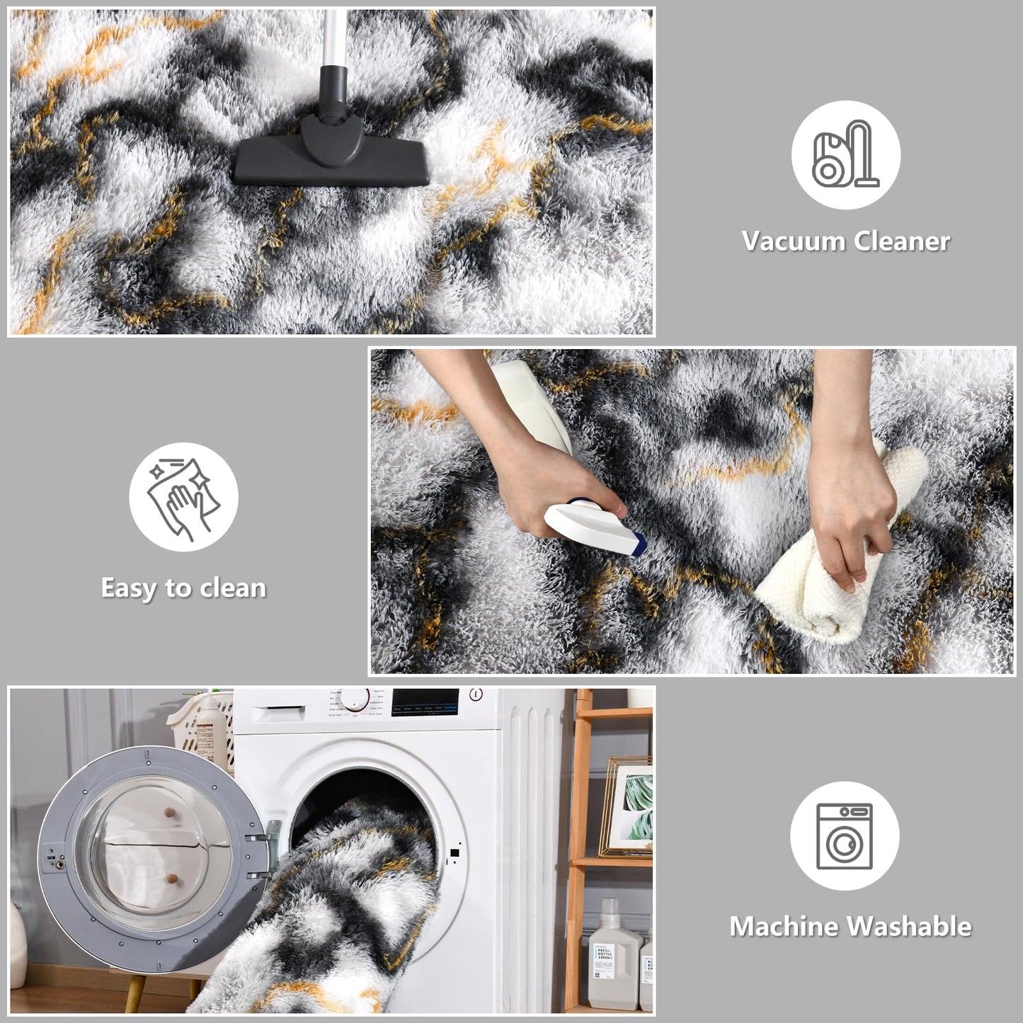 DweIke Fluffy Black White Gold Rugs for Bedroom Living Room, 4x6 Feet Soft Plush Shaggy Tie-Dyed Girls Boys Kids Rug, Upgraded Non-Slip and Machine Washable Carpet for Dorm Nursery Classroom Decor